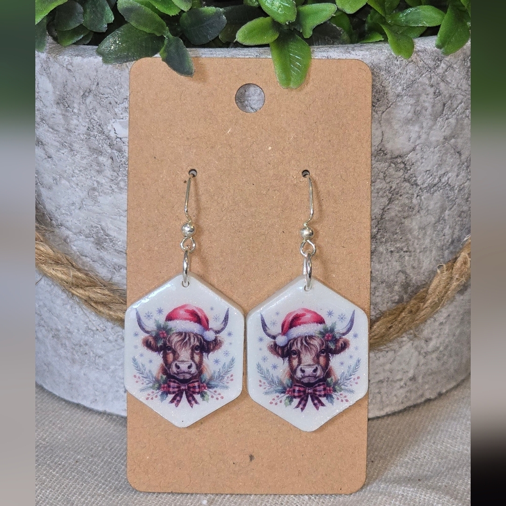 Festive Cow Earrings with Santa Hat